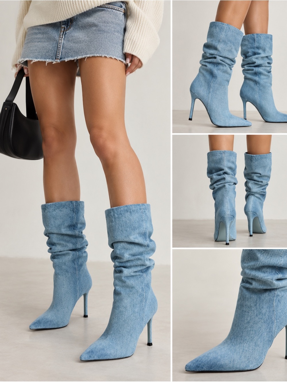 NEW Zara Denim Slouch Heeled Boots